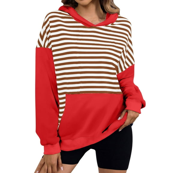 UAMVSH Oversized Hoodies for Women Color Block Long Sleeve Cute Sweatshirt Casual Loose Striped Pullover Tops with Pocket Trendy Outfits
