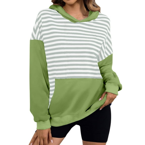 UAMVSH Oversized Hoodies for Women Color Block Long Sleeve Cute Sweatshirt Casual Loose Striped Pullover Tops with Pocket Trendy Outfits