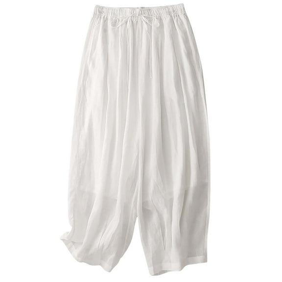 UAMVSH Oversized Pants for Women Lightweight Double Layered Harem Pants with Drawstring Loose Fit Casual Bloomer Pants(XX-Large,White)