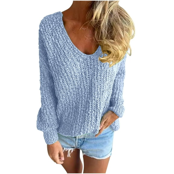 UAMVSH Oversized Pullover Sweaters for Women V Neck Long Sleeve Soft Knitted Sweaters Casual Trendy Loose Fit Pullover Tops(X-Large,Light Blue)