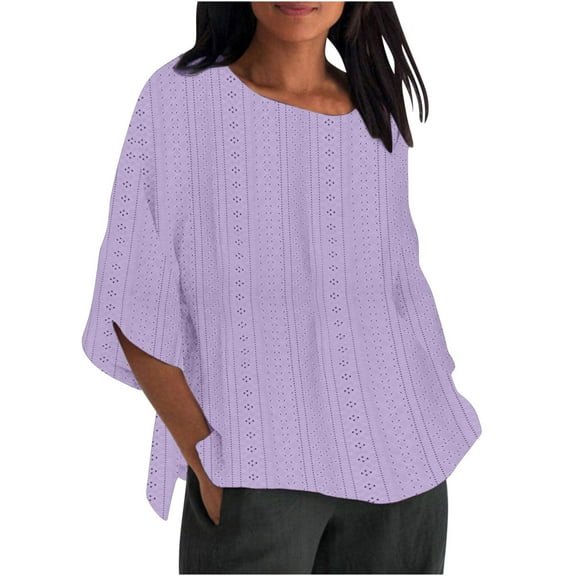 UAMVSH Oversized Shirts for Women 3/4 Length Sleeve Eyelet Tops Casual Loose Round Neck Tees Summer Fashion Blouse