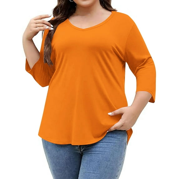 UAMVSH Oversized Shirts for Women Plus Size Casual Summer Fall Tops Loose Fit 3/4 Sleeve Crew Neck Basic Solid Color Blouses(XX-Large,Orange)