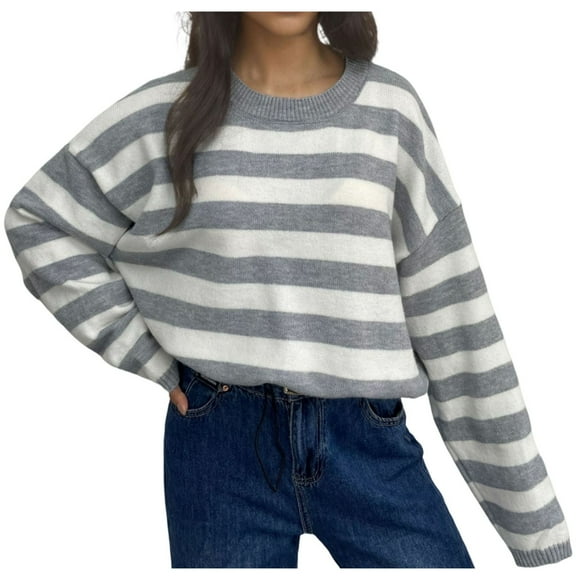 UAMVSH Oversized Sweater Pullover for Women Classic Stripe Printed Long Sleeve Knitwear Soft Lightweight Crew Neck Ladies Sweaters(Free Size,Gray)