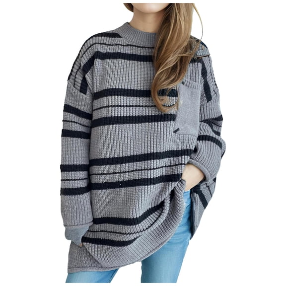 UAMVSH Oversized Sweaters for Women Classic Stripe Printed Pullover Tops Basic Long Sleeve Mock Neck Baggy Casual Sweaters with Pockets(Medium,Dark Gray)