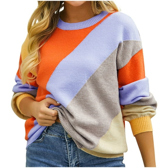 UAMVSH Oversized Sweaters for Women Fashion Color Block Long Sleeve Pullover Tops Loose Fit Knitted Fall Sweaters Ladies Outfits(Large,Orange)
