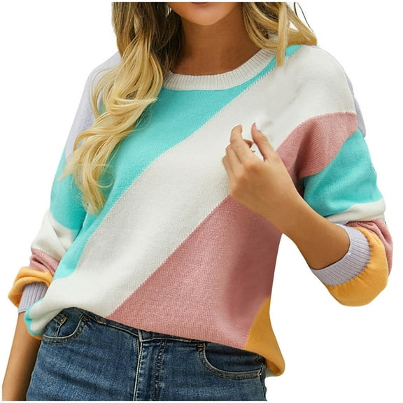 UAMVSH Oversized Sweaters for Women Fashion Color Block Long Sleeve Pullover Tops Loose Fit Knitted Fall Sweaters Ladies Outfits(Small,Green)