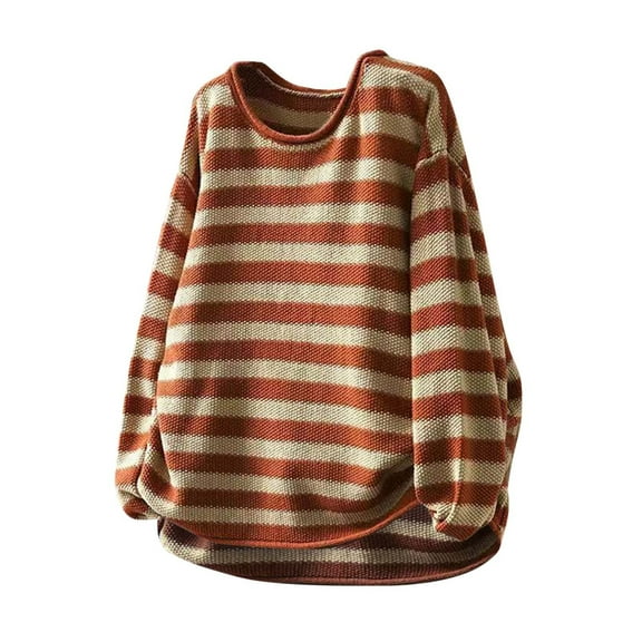 UAMVSH Oversized Sweaters for Women Fashion Stripe Printed Knitwear Casual Long Sleeve Crew Neck Sweater Pullover Tops Fall Clothes(Medium,Orange)