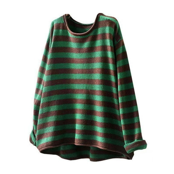 UAMVSH Oversized Sweaters for Women Fashion Stripe Printed Knitwear Casual Long Sleeve Crew Neck Sweater Pullover Tops Fall Clothes(Small,Green)