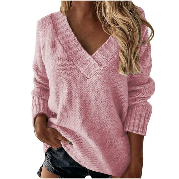 UAMVSH Oversized Sweaters for Women Looose Fit Solid Color Casual Top Pullover Long Sleeve V-Neck Knitted Sweaters Fall Winter(3X-Large,Pink 2)