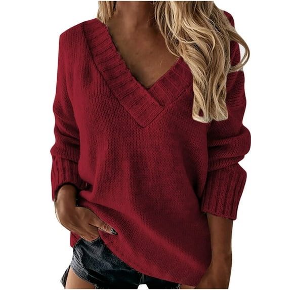 UAMVSH Oversized Sweaters for Women Looose Fit Solid Color Casual Top Pullover Long Sleeve V-Neck Knitted Sweaters Fall Winter(X-Large,Wine 2)