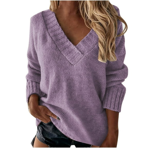 UAMVSH Oversized Sweaters for Women Looose Fit Solid Color Casual Top Pullover Long Sleeve V-Neck Knitted Sweaters Fall Winter(XX-Large,Purple)