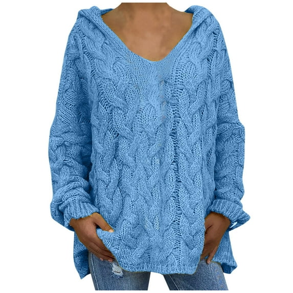 UAMVSH Oversized Sweaters for Women Loose Fit Fall Winter Cable Knitted Sweater Hoodie Soft Long Sleeve Trendy Hooded Pullover Tops(X-Large,Blue 1)