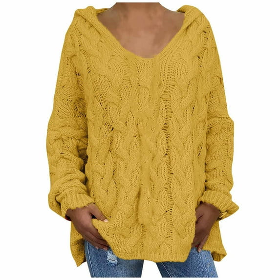 UAMVSH Oversized Sweaters for Women Loose Fit Fall Winter Cable Knitted Sweater Hoodie Soft Long Sleeve Trendy Hooded Pullover Tops(X-Large,Yellow 2)