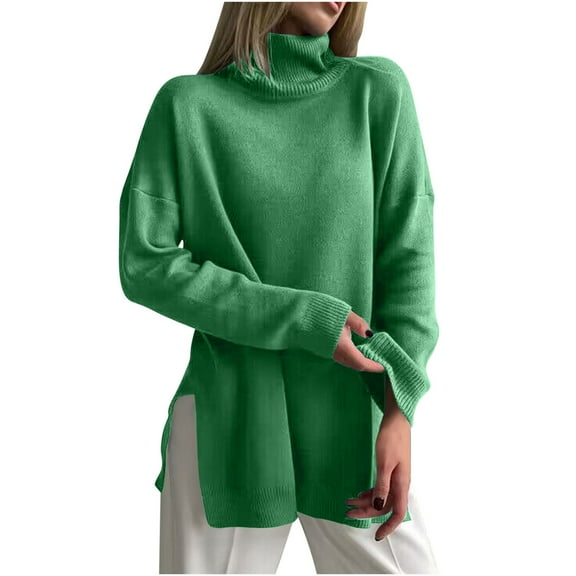 UAMVSH Oversized Sweaters for Women Turtleneck Fall Casual Loose Fit Long Sleeve Pullovers Split Hem Knitted Long Sweater Tops(Small,Green)