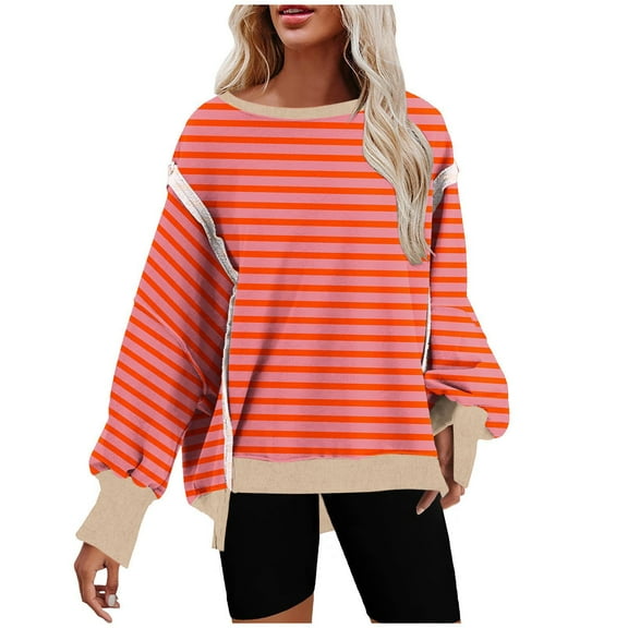 UAMVSH Oversized Sweatshirt for Women Irregular Hem Long Sleeve Striped Shirts Drop Shoulder Casual Crewneck Pullover Trendy Fall Clothes