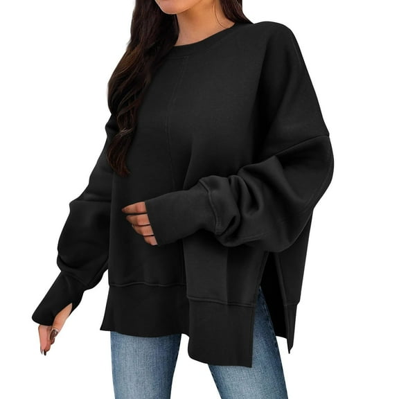 UAMVSH Oversized Sweatshirt for Women Loose Soft Crewneck Long Sleeve Tops Casual Side Split Pullover Tops with Thumb Holes
