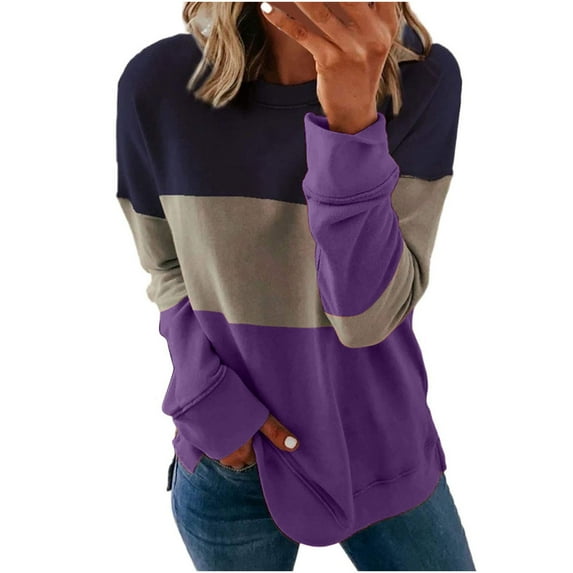 UAMVSH Oversized Sweatshirts for Women Casual Long Sleeve Crew Neck Pullover Tops Loose Fit Color Block Trendy Fall Shirts(X-Large,Purple)