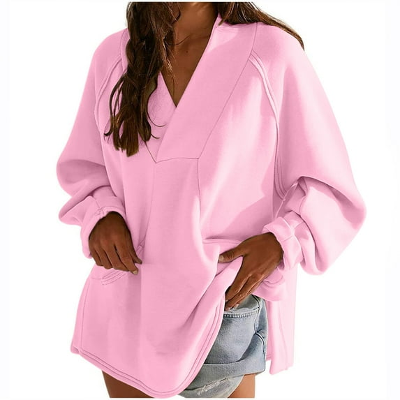 UAMVSH Oversized Sweatshirts for Women Casual Long Sleeve Vacation Pullover Tops Trendy Side Slit V-Neck Shirts with Pockets(X-Large,Pink)