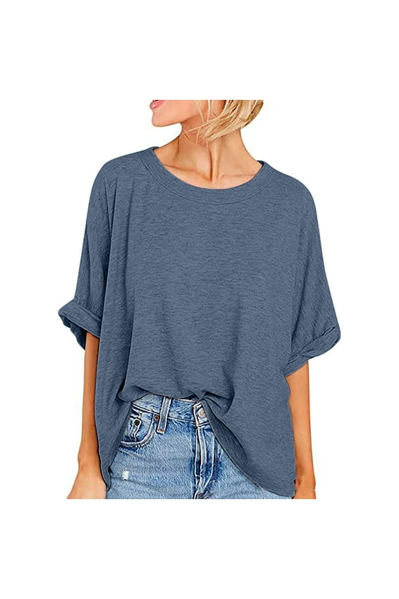 Oversized T Shirts for Women Round Neck Rolled Short Sleeve Casual Blouse Solid Color Tee Tops