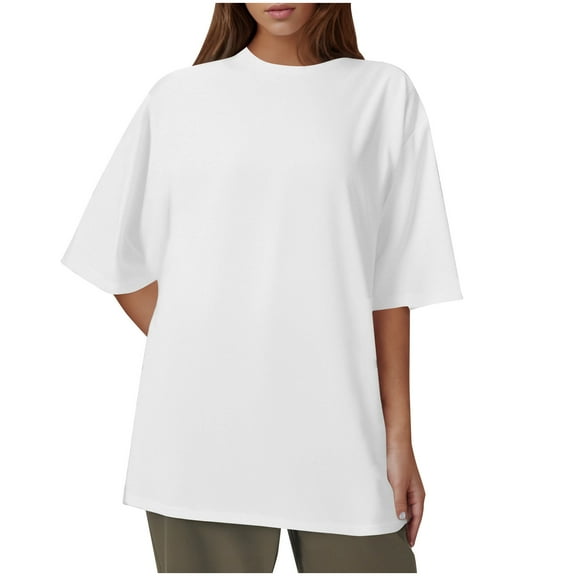 UAMVSH Oversized Tops for Women Baggy Solid Color Crew Neck Blouses Loose Fit Casual Half Sleeve Basic Tees Beach Vacation Shirts(3X-Large,White)