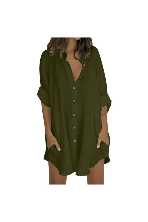 Oversized Tops for Women Loose Fit Cotton Linen Long Blouses with Pockets Lightweight Casual Long Sleeve Button down Shirts(Small,Army Green)