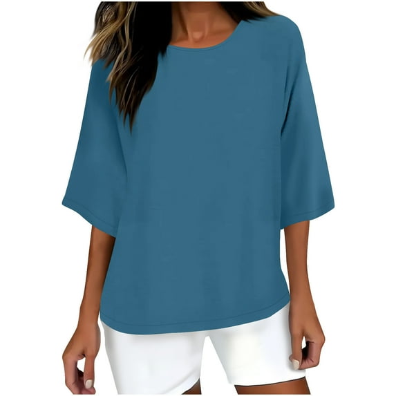 UAMVSH Oversized Tops for Women Soft Plus Size Cotton Linen Blouses Casual Half Sleeve Crew Neck Shirts Baggy Summer Fall Outfits(X-Large,Blue)