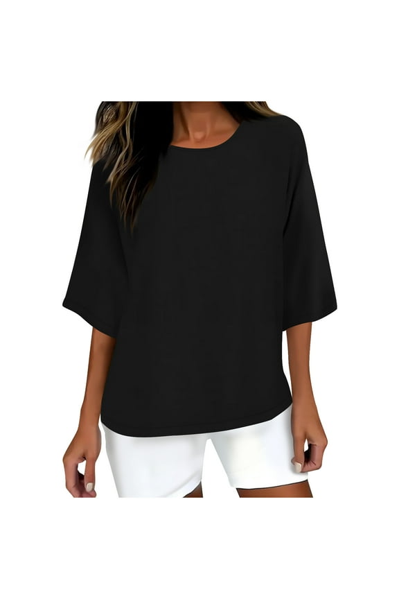 Oversized Tops for Women Soft Plus Size Cotton Linen Blouses Casual Half Sleeve Crew Neck Shirts Baggy Summer Fall Outfits(XX-Large,Black)