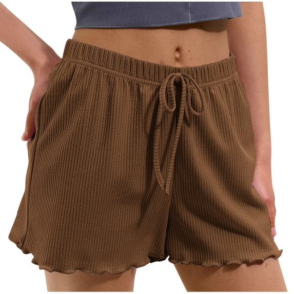 UAMVSH Pajama Bottoms for Women Ribbed Solid Color Comfy Lounge Shorts with Ruffle Hem Elastic Waist Drawstring Sleep Shorts