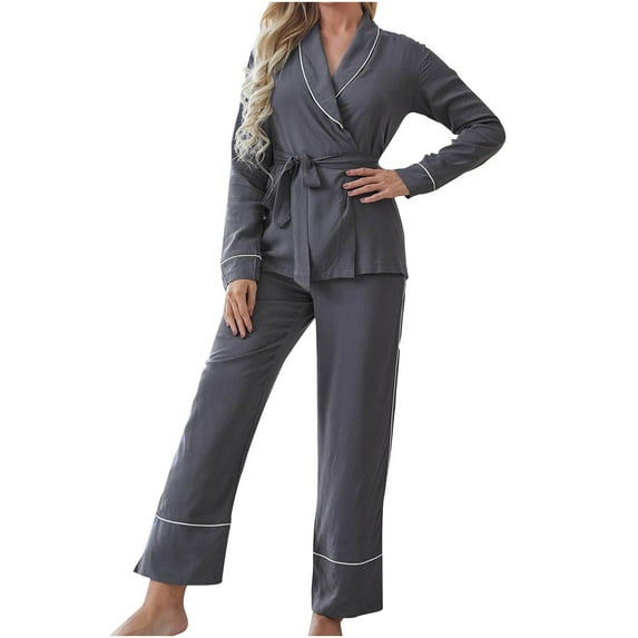 UAMVSH Pajama Lounge 2 Piece Sets for Women Soft Winter Open Front Kimono Cardigans with Belt Long Sleeve Pants Sleepwear Outfits(MediumGray)