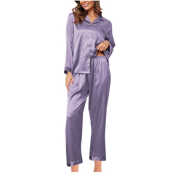 UAMVSH Pajama Sets for Women 2 Piece Satin Silk Button Down Shirts and Wide Leg Pants Set Lightweight Long Sleeve Sleepwear with Pocket