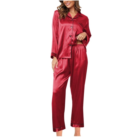 UAMVSH Pajama Sets for Women 2 Piece Satin Silk Button Down Shirts and Wide Leg Pants Set Lightweight Long Sleeve Sleepwear with Pocket
