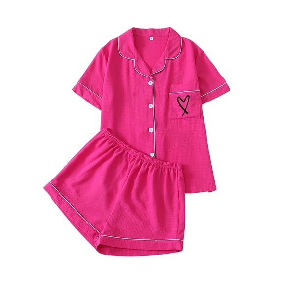 UAMVSH Pajama Sets for Women Cute Heart Print Short Sleeve Button down Shirt with Shorts 2 Piece Pjs Set