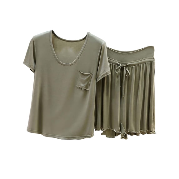 UAMVSH Pajamas for Women Set 2 Piece Soft Lounge Set Plus Size Round Neck Short Sleeve Top with Ruffle Hem Shorts Pj Set