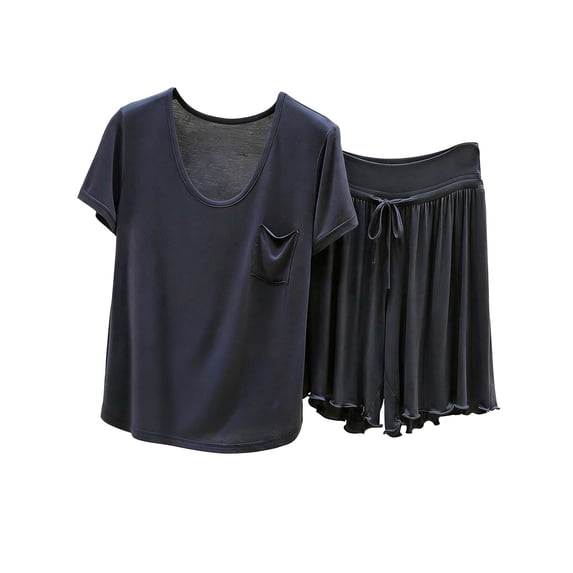 UAMVSH Pajamas for Women Set 2 Piece Soft Lounge Set Plus Size Round Neck Short Sleeve Top with Ruffle Hem Shorts Pj Set