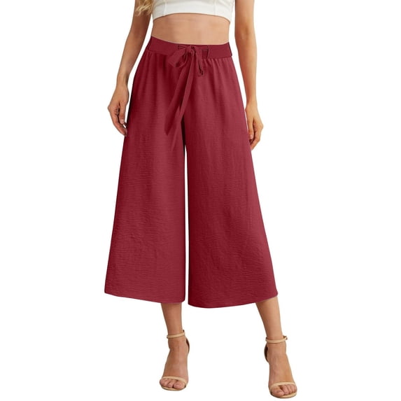 UAMVSH Palazzo Capri Pants for Women Baggy Summer Beach Vacation Tie Knot Wide Leg Cropped Pants Slack High Waist Casual Flowy Capris