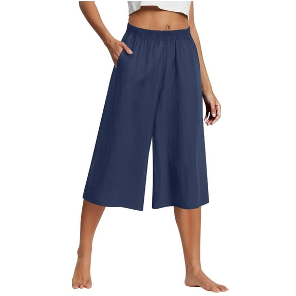 UAMVSH Palazzo Capris for Women Slack Summer Beach Vacation Capri Pants with Pockets Soft Elastic Waist Flowy Lounge Cropped Pants