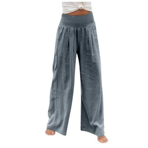 UAMVSH Palazzo Pants for Women Baggy Smocked Waist Boho Beach Vacation Flowy Pants with Pockets Soft Summer Wide Leg Lounge Pants(Medium,Gray)
