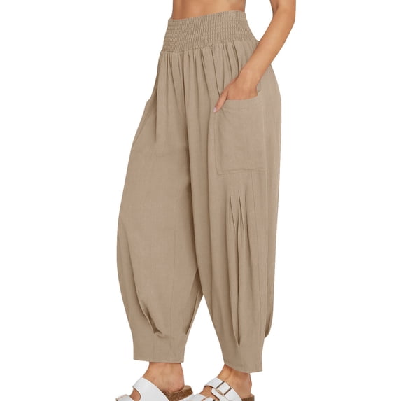 UAMVSH Palazzo Pants for Women Cotton Linen High Waisted Wide Leg Pants Casual Loose Fit Flowy Beach Travel Pants with Pockets