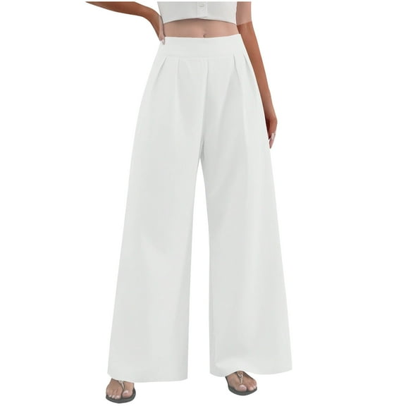 UAMVSH Palazzo Pants for Women Fashion Wide Leg Front Pleated Slacks High Elastic Waist Casual Work Office Dressy Pants(X-Large,White)