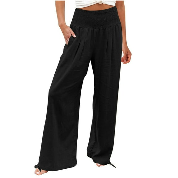 UAMVSH Palazzo Pants for Women Lightweight Cotton Linen Beach Pants with Pockets Soft Smocked Waist Vacation Travel Pants(3X-Large,Black 1)