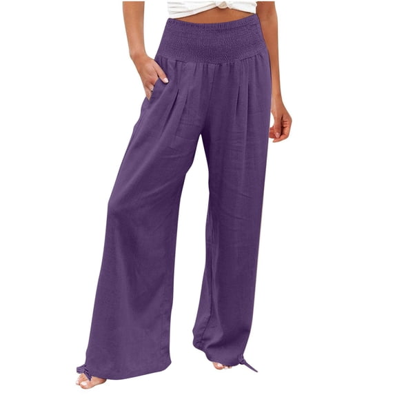 UAMVSH Palazzo Pants for Women Lightweight Cotton Linen Beach Pants with Pockets Soft Smocked Waist Vacation Travel Pants(Large,Purple 1)