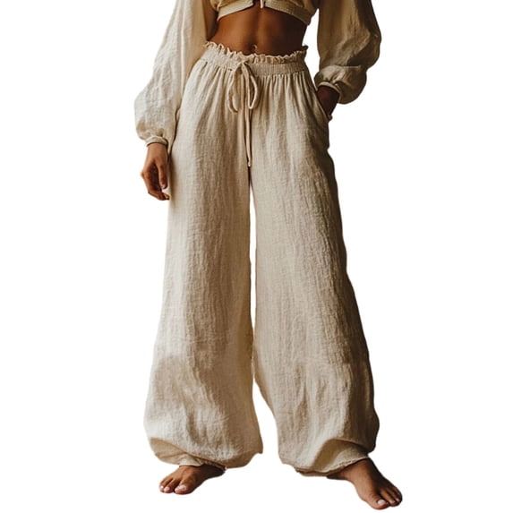 UAMVSH Palazzo Pants for Women Ruffle Waist Flowy Wide Leg Trousers Summer Casual Boho Beach Pants with Drawstring