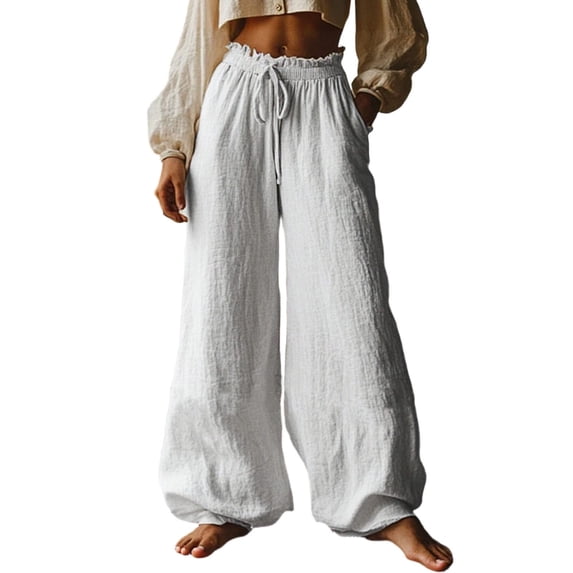UAMVSH Palazzo Pants for Women Ruffle Waist Flowy Wide Leg Trousers Summer Casual Boho Beach Pants with Drawstring