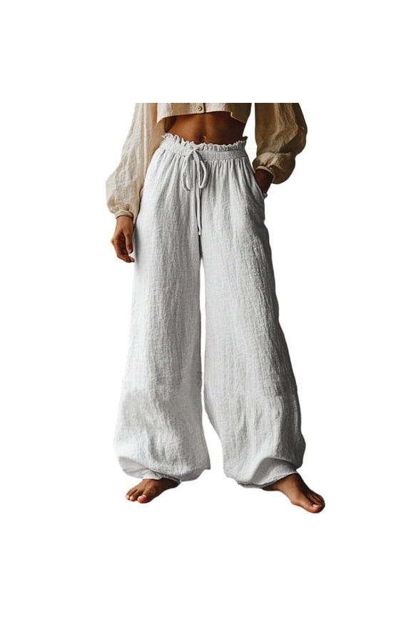 Palazzo Pants for Women Ruffle Waist Flowy Wide Leg Trousers Summer Casual Boho Beach Pants with Drawstring