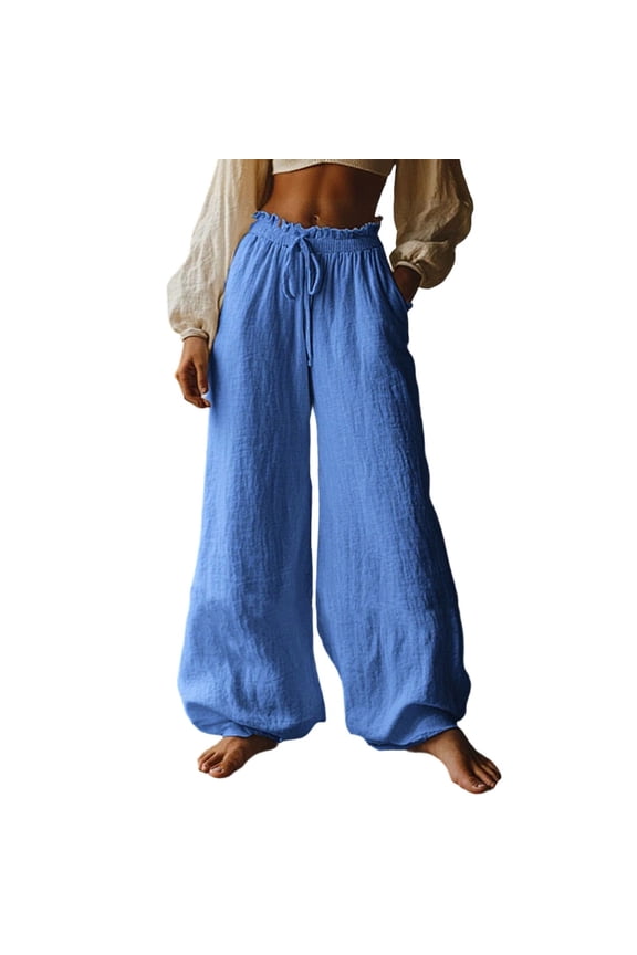 Palazzo Pants for Women Ruffle Waist Flowy Wide Leg Trousers Summer Casual Boho Beach Pants with Drawstring