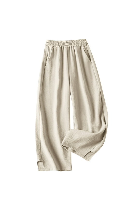 Palazzo Pants for Women Side Split Cotton Linen Wide Leg Trousers Flowy Pleated Casual Loose Pants with Pockets