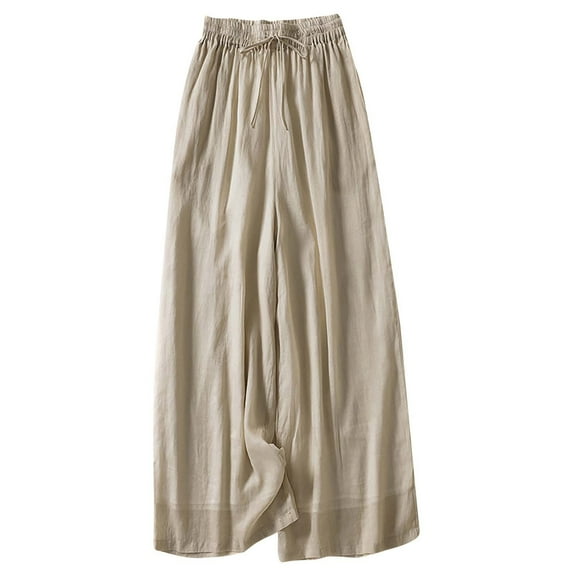 UAMVSH Palazzo Pants for Women Slack Wide Leg Casual Beach Pants with Pockets Soft Drawstring Double Layered Flowy Pants(Large,Beige)