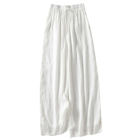 UAMVSH Palazzo Pants for Women Slack Wide Leg Casual Beach Pants with Pockets Soft Drawstring Double Layered Flowy Pants(X-Large,White)
