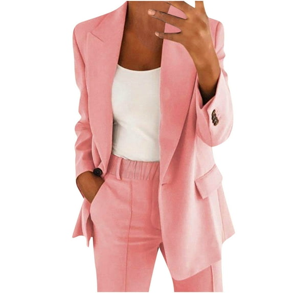 UAMVSH Pant Suits for Women 2 Piece Blazer Sets Plus Size Business Dressy Outfits Long Sleeve Button down Jackets Loose Fit Pants(X-Large,Pink)