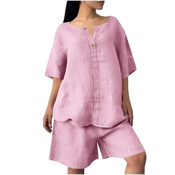 UAMVSH Plus Size 2 Piece Outfits for Women Cotton Linen V Neck T-Shirts and Shorts Matching Set Oversized Lounge Sets Travel Outfits